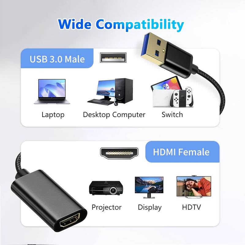 DERSUR USB to HD Adapter, USB 3.0 to HD Monitor Connector Male to Female Multi-Display 1080P Output Cable Converter for Laptop Desktop PC TV, Compatible Windows11/10/8.1/8.7/MacOS Black - Image 5